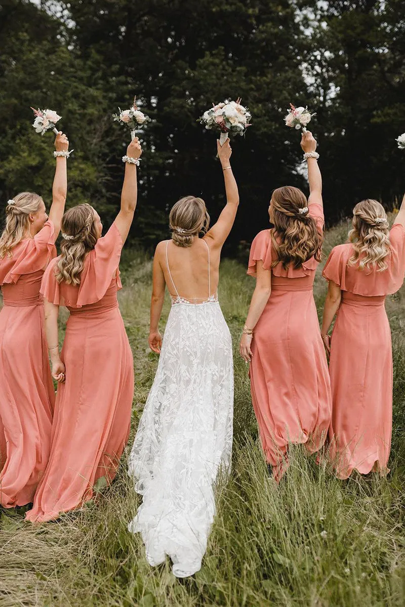 Simple A-Line Coral Chiffon Long Bridesmaid Dresses sold by KissProm product image thumbnail 3