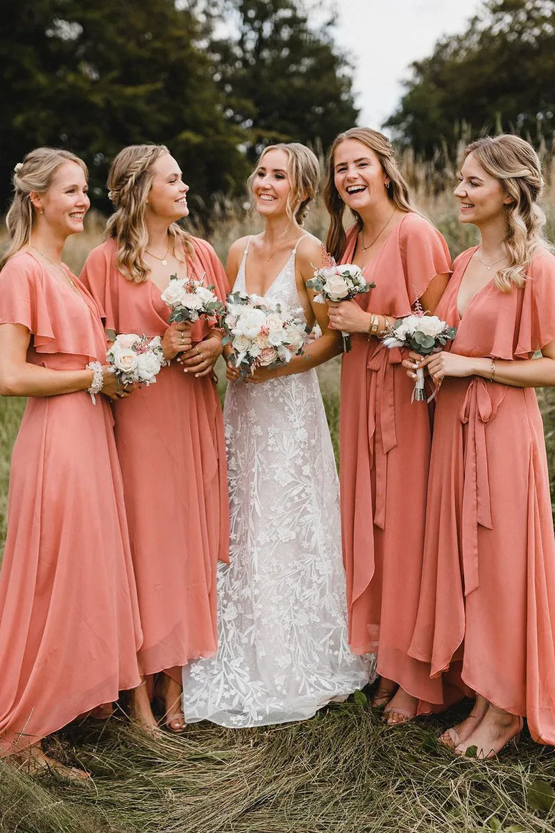 Simple A-Line Coral Chiffon Long Bridesmaid Dresses sold by KissProm product image thumbnail 2