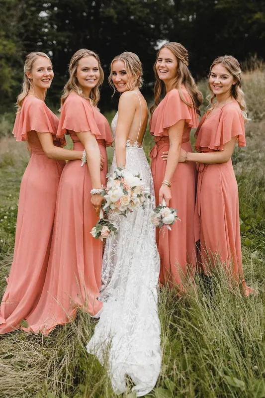 Simple A-Line Coral Chiffon Long Bridesmaid Dresses sold by KissProm