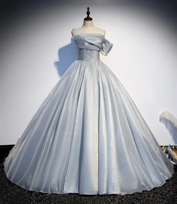 Light Gray Satin Long Ball Gown Quinceanera Dresses sold by KissProm