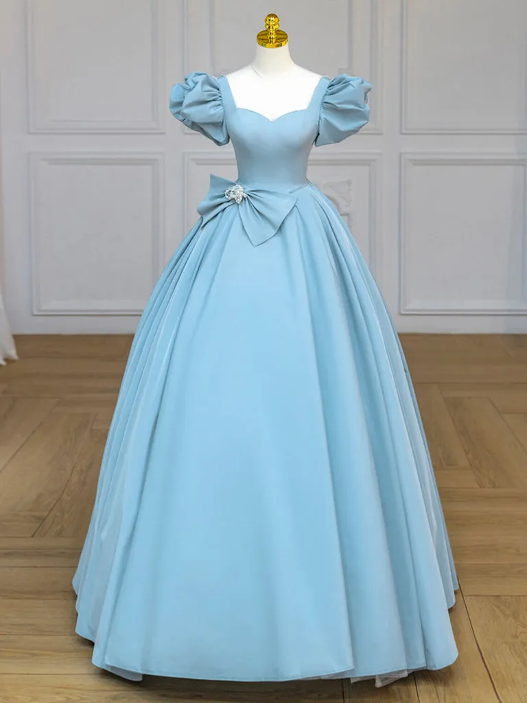 Quinceanera Dress Blue Satin Puff Sleeves Long Prom Gown Blue Long Sweet Dress sold by KissProm