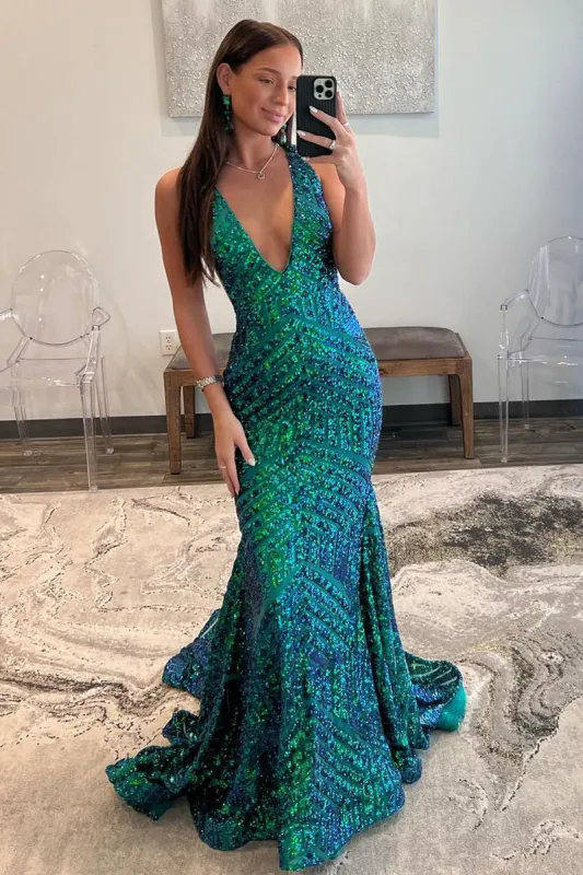 Nina |Deep V Neck Pink Sequins Mermaid Long Prom Dress sold by KissProm