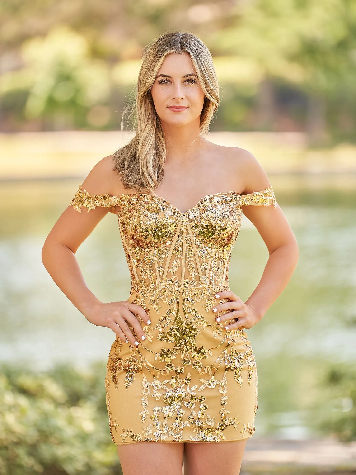 Erykah | Short Off the Shoulder Sheath Gold Kace Corset Mini Party Dresses sold by KissProm product image thumbnail 3