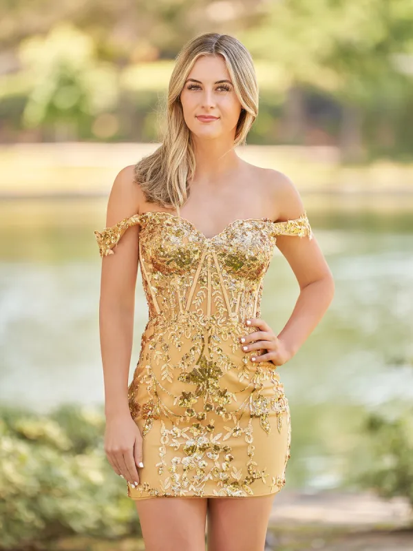 Erykah | Short Off the Shoulder Sheath Gold Kace Corset Homecoming Dresses sold by KissProm