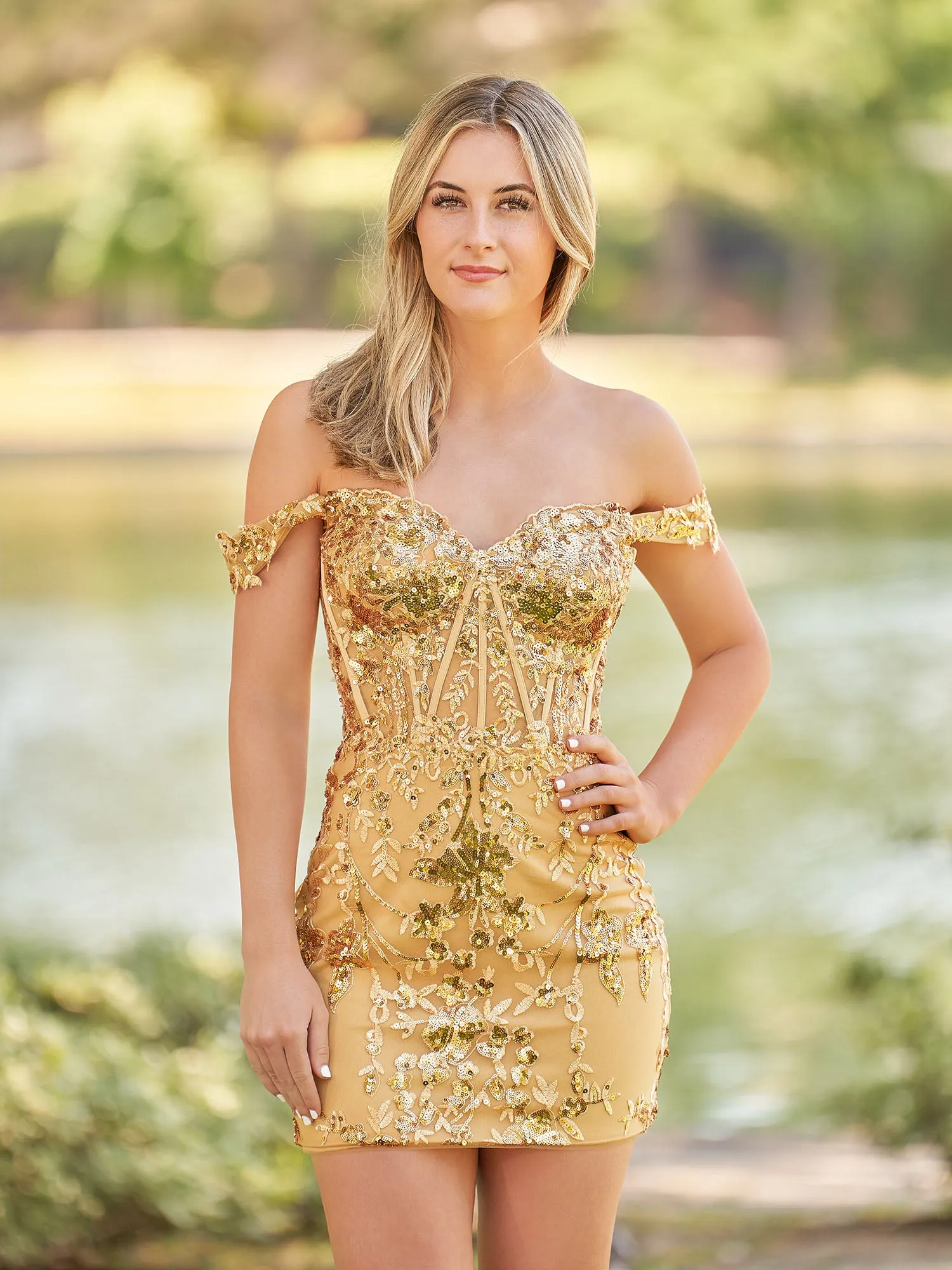 Erykah | Short Off the Shoulder Sheath Gold Kace Corset Mini Party Dresses sold by KissProm