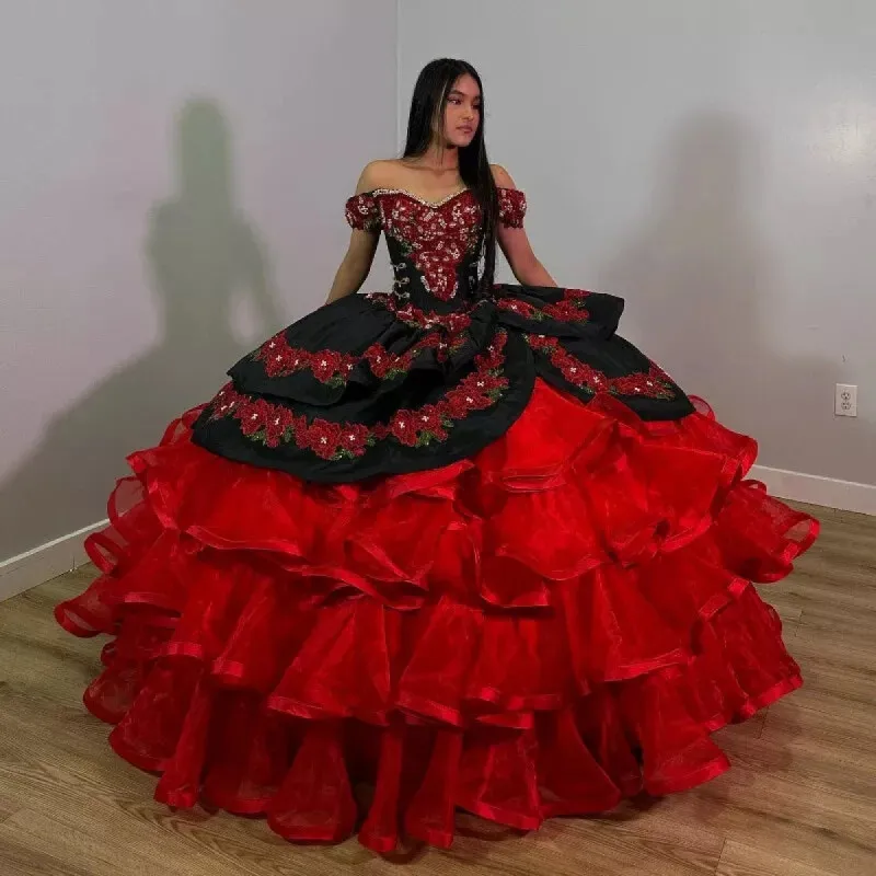 Red Off the Shoulder Quinceanera Dresses with Appliques sold by KissProm