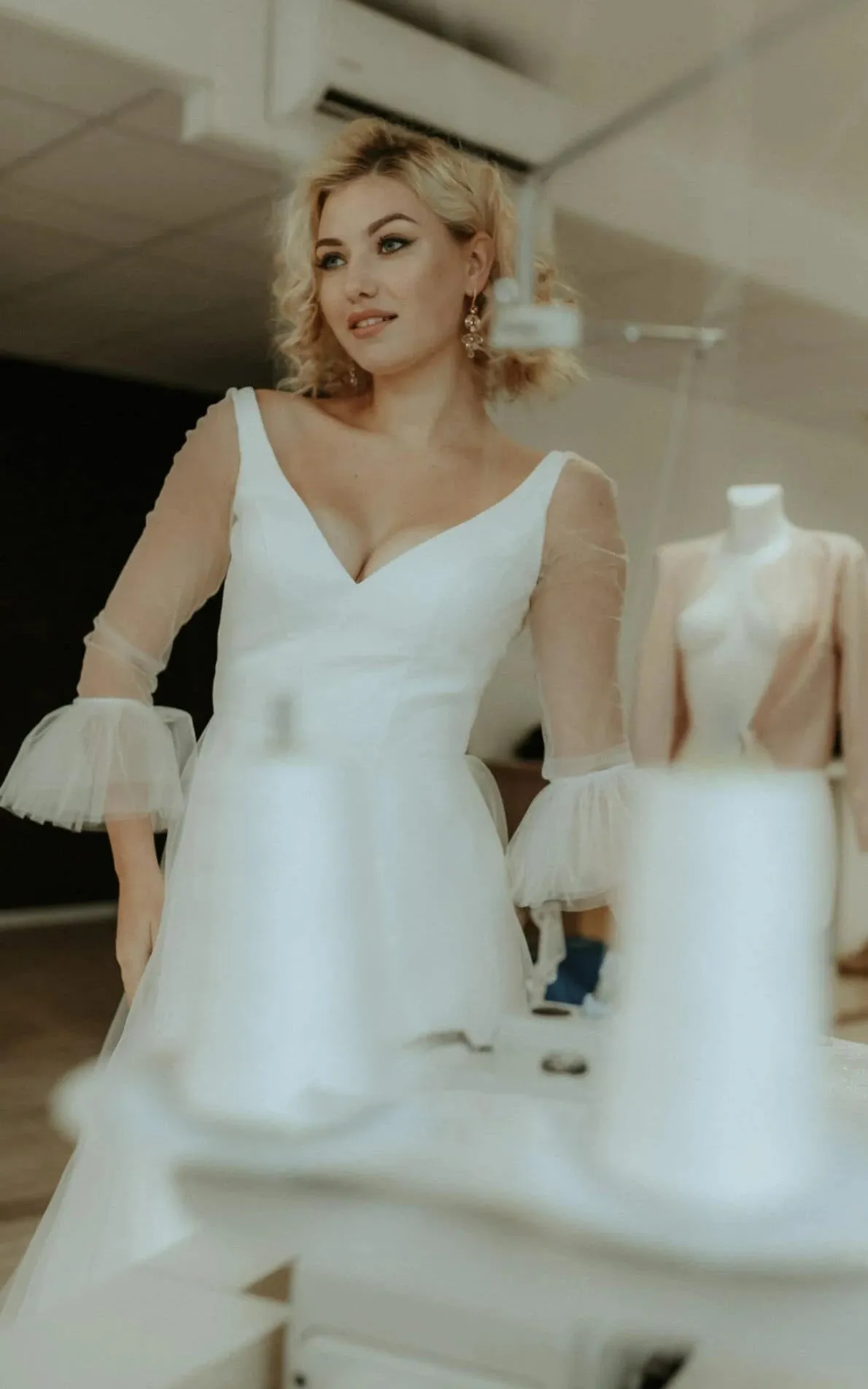 Simple A Line Tulle V-neck Bell Wedding Dress with Ruching sold by KissProm product image thumbnail 3