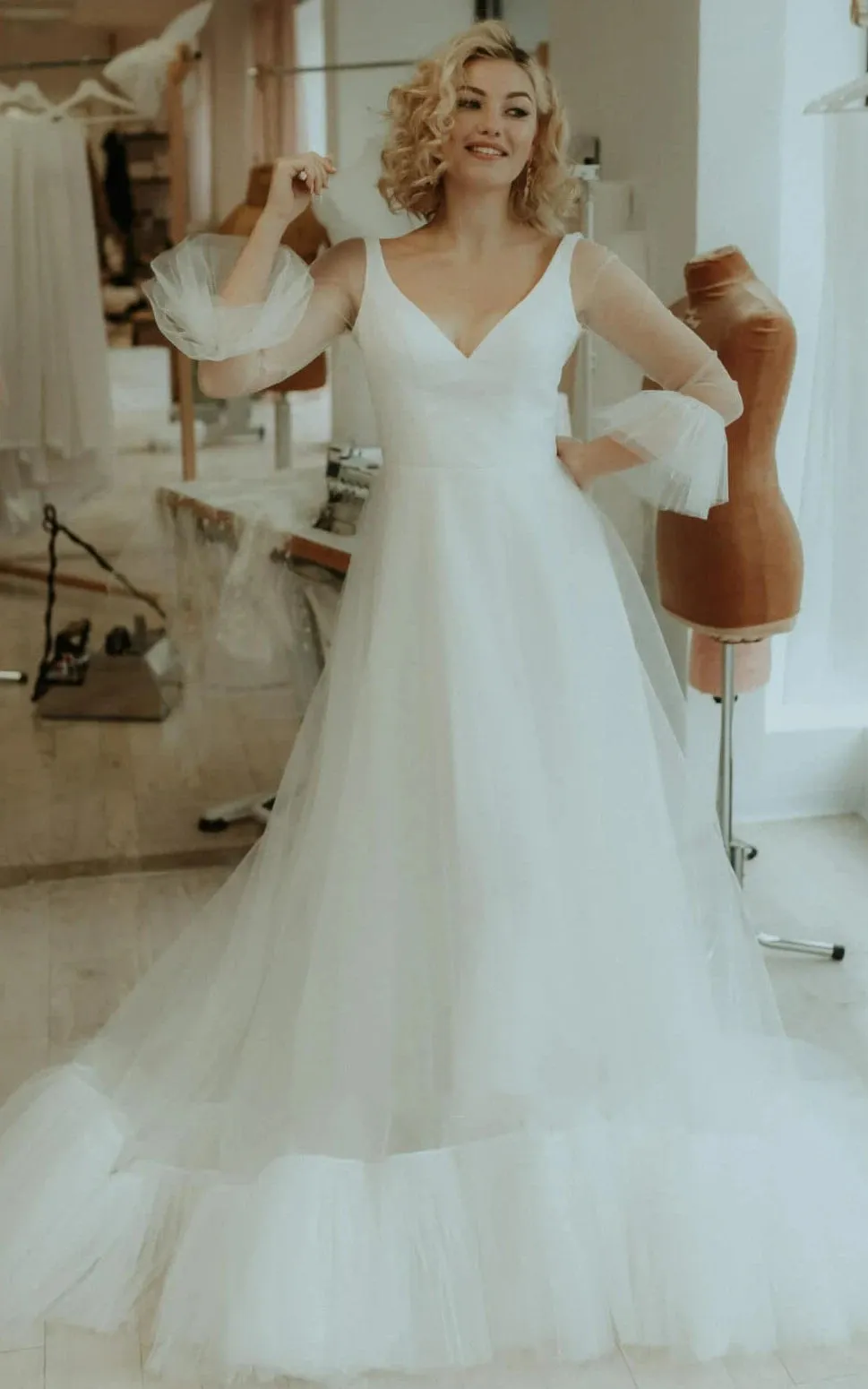 Simple A Line Tulle V-neck Bell Wedding Dress with Ruching sold by KissProm