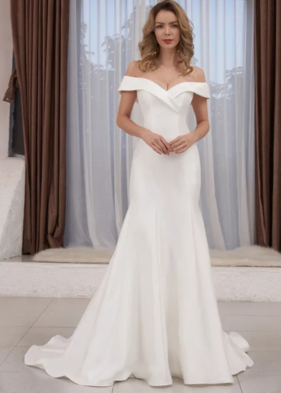 Chic Satin Off the Shoulder Sleeveless Sweep-Train Bridal Dress sold by KissProm