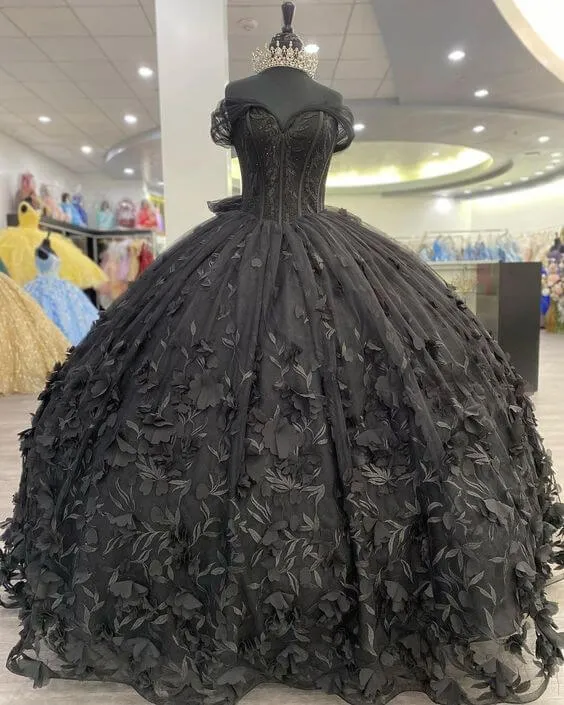 Black Ball Gown Off the Shoulder Quinceanera Dresses with Bow Knot sold by KissProm