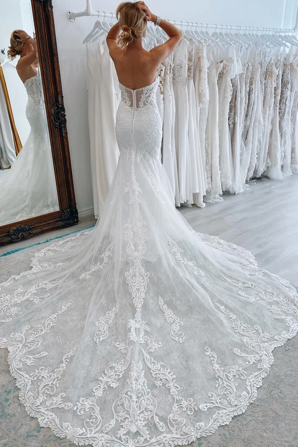 Jream | White Long Tulle Mermaid Wedding Dress with Lace Appliques sold by KissProm product image thumbnail 2