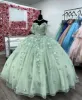 Letitia | Ball Gown Lace Off the Shoulder Sage Green Quinceanera Dress sold by KissProm