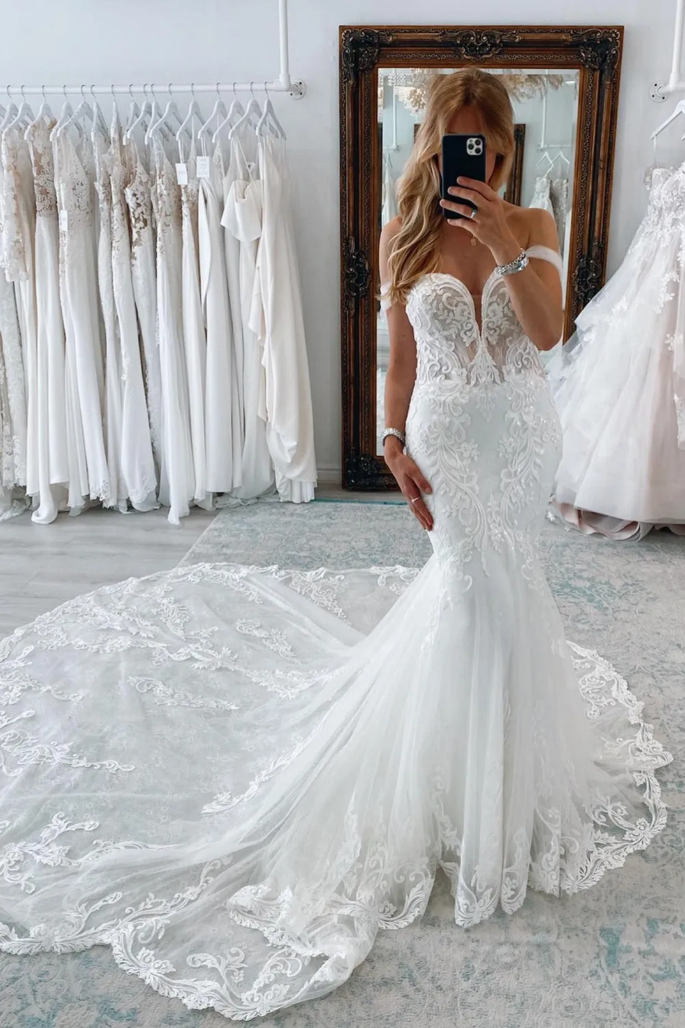 Jream | White Long Tulle Mermaid Wedding Dress with Lace Appliques sold by KissProm