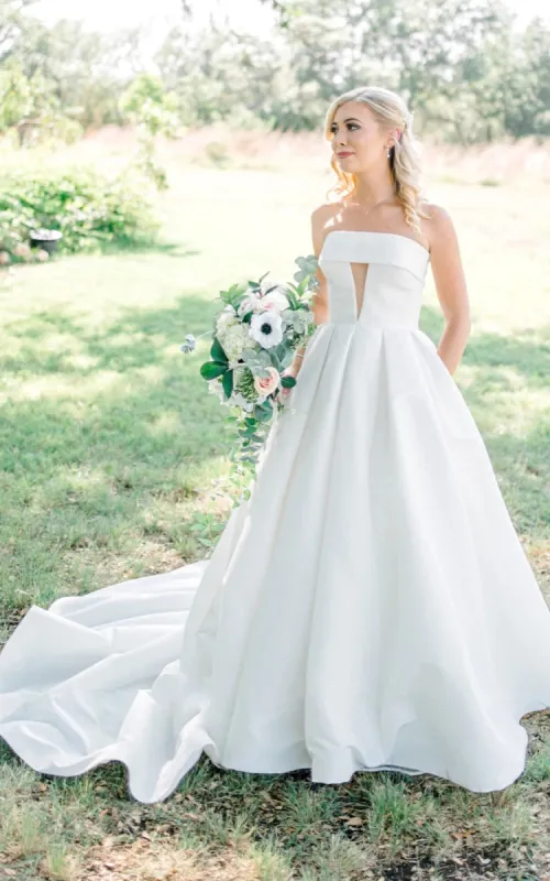 Satin A-Line Strapless Beach Elegant Wedding Dress With Button Back And Chapel Train sold by KissProm