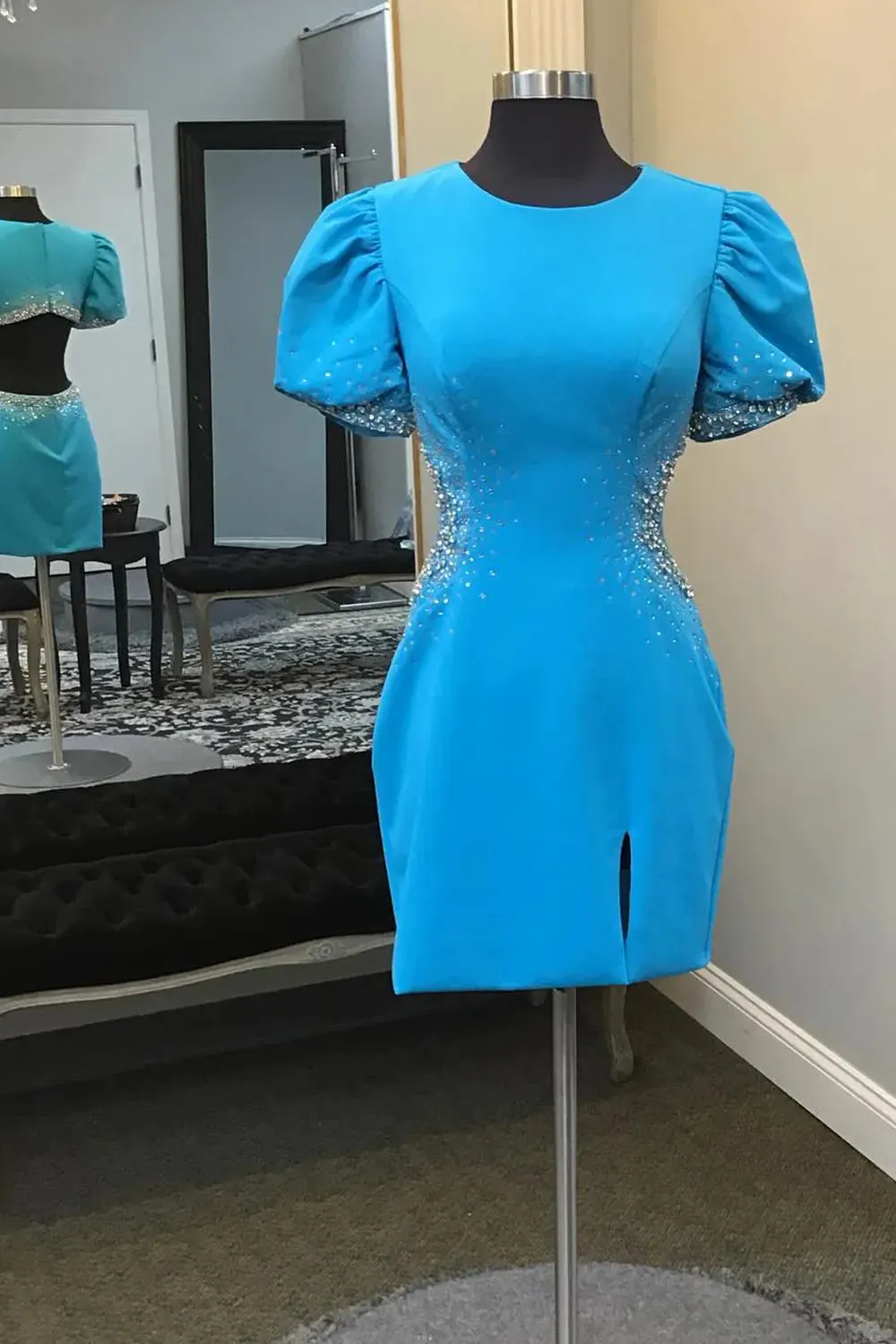 Blue Round Neck Beaded Bodycon Short Homecoming Dress with Puff Sleeves sold by KissProm