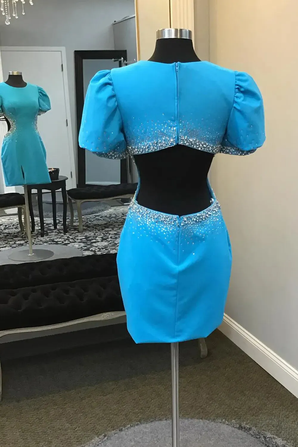 Blue Round Neck Beaded Bodycon Short Homecoming Dress with Puff Sleeves sold by KissProm product image thumbnail 2