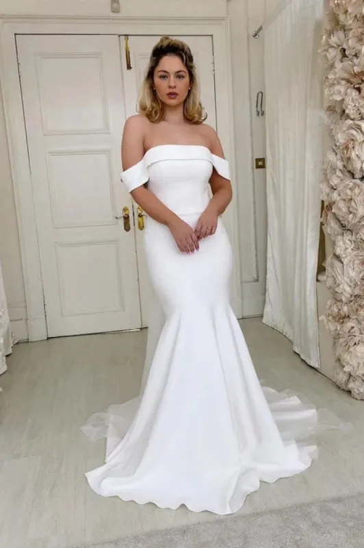 Off the Shoulder Ivory Satin Mermaid Wedding Dress sold by KissProm