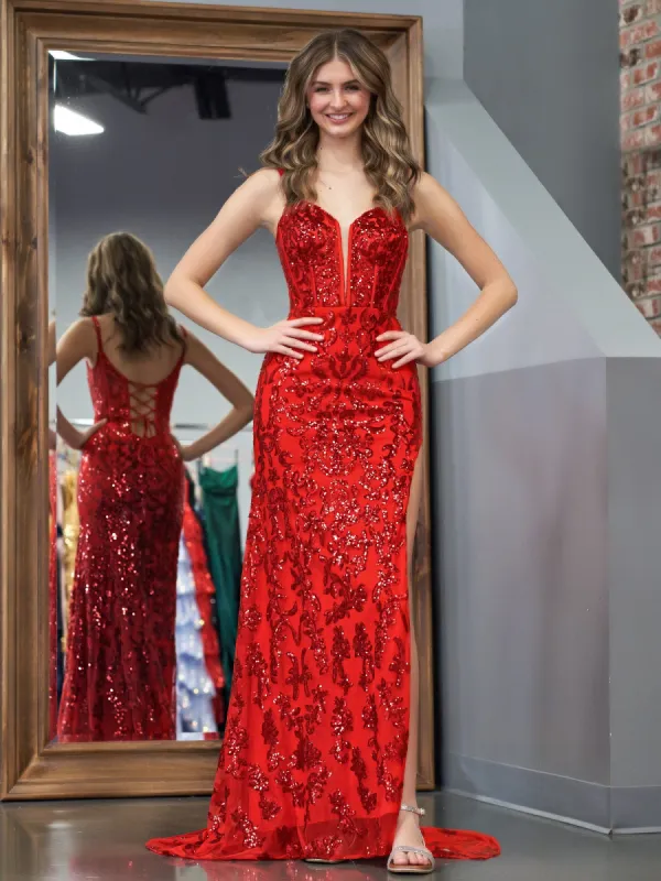 Erryn | Red Sheath Sequins Long Prom Dress with Slit sold by KissProm