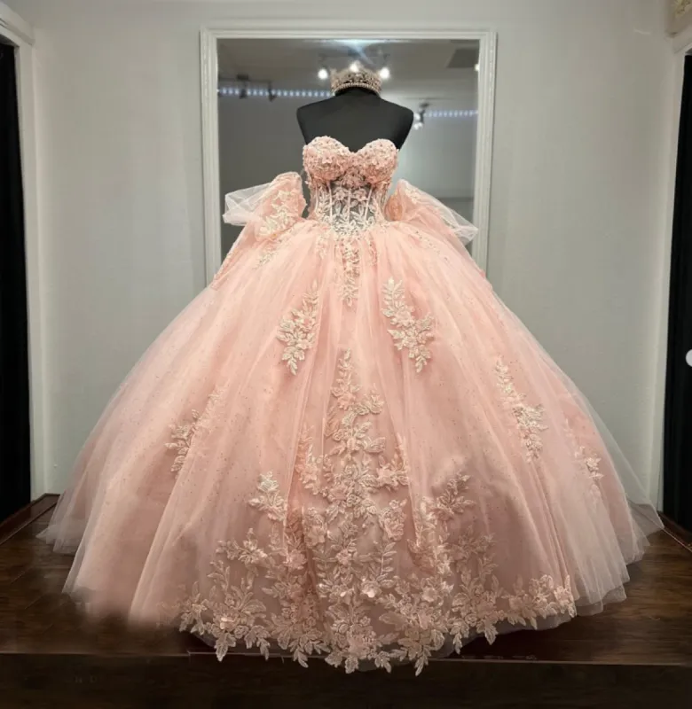 Ball-Gown Pink Tulle Sweetheart Sleeveless Quinceanera Dresses with Bow sold by KissProm