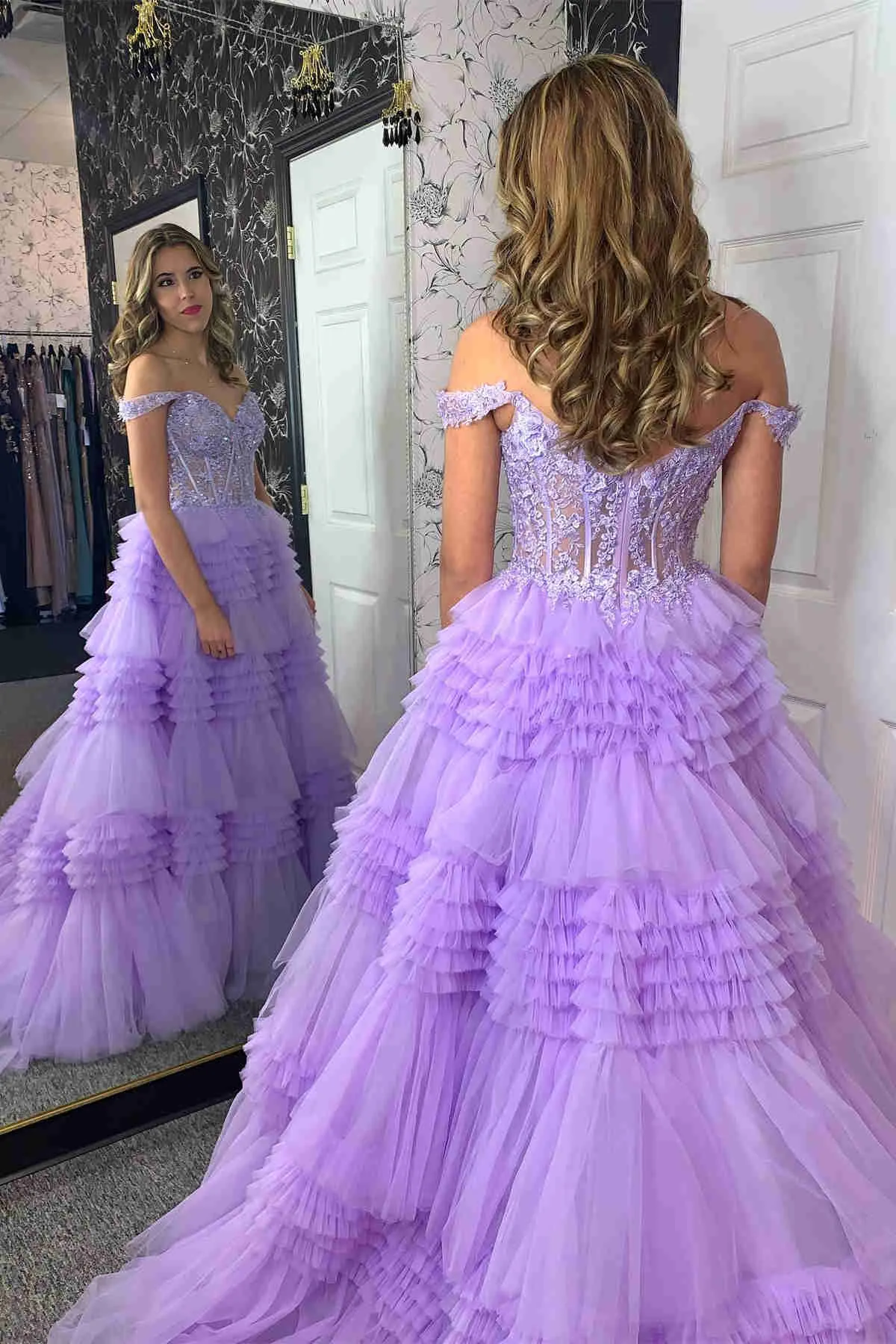 Elina | Red Tulle Off-the-Shoulder Ruffle Tiered Long Prom Dress sold by KissProm product image thumbnail 5