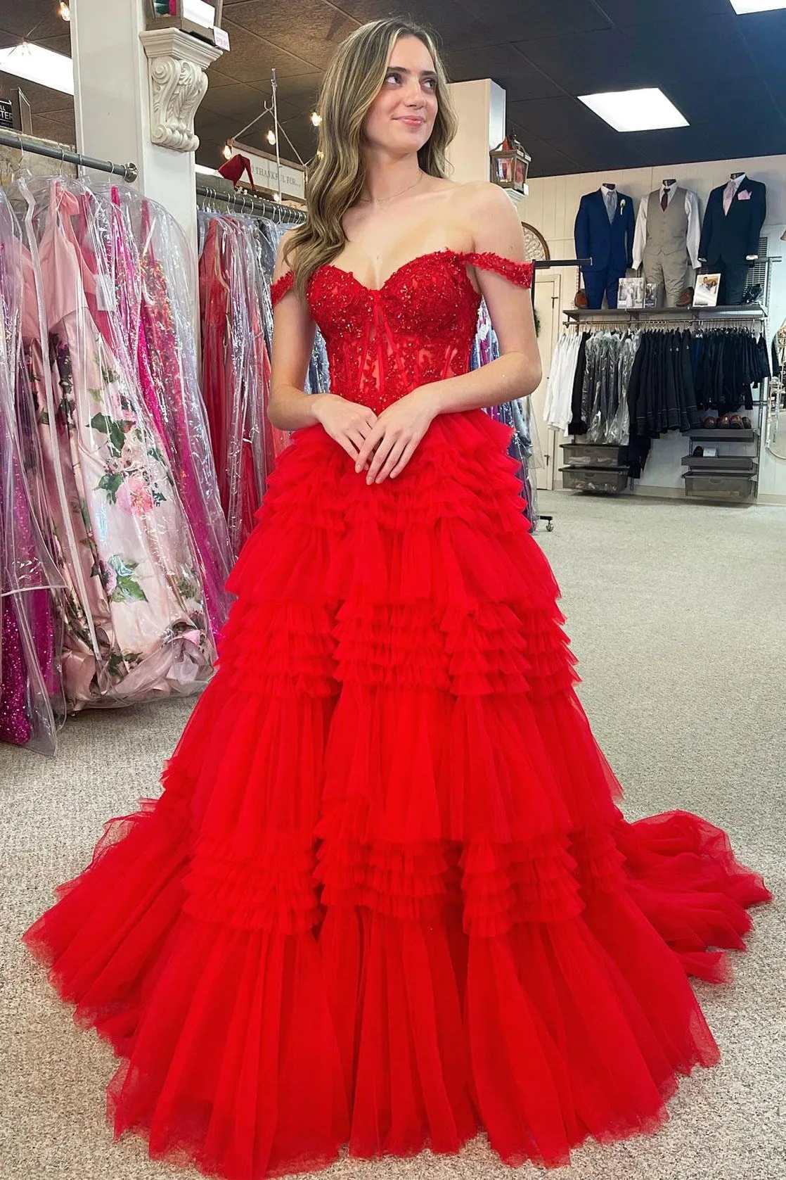 Elina | Red Tulle Off-the-Shoulder Ruffle Tiered Long Prom Dress sold by KissProm