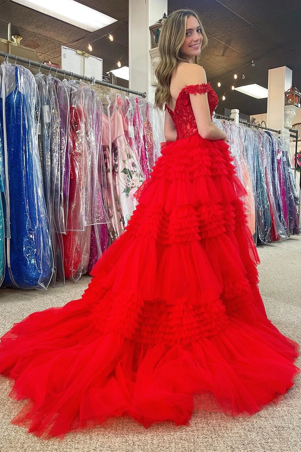 Elina | Red Tulle Off-the-Shoulder Ruffle Tiered Long Prom Dress sold by KissProm product image thumbnail 3