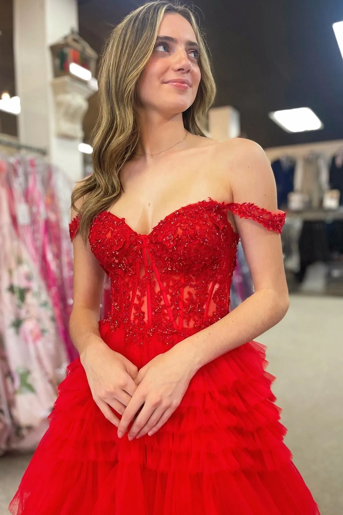 Elina | Red Tulle Off-the-Shoulder Ruffle Tiered Long Prom Dress sold by KissProm product image thumbnail 2