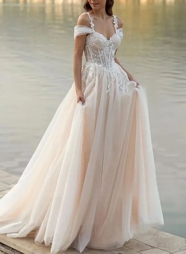 Elodika | A-Line Off-The-Shoulder Tulle Wedding Dresses With Appliques Lace sold by KissProm