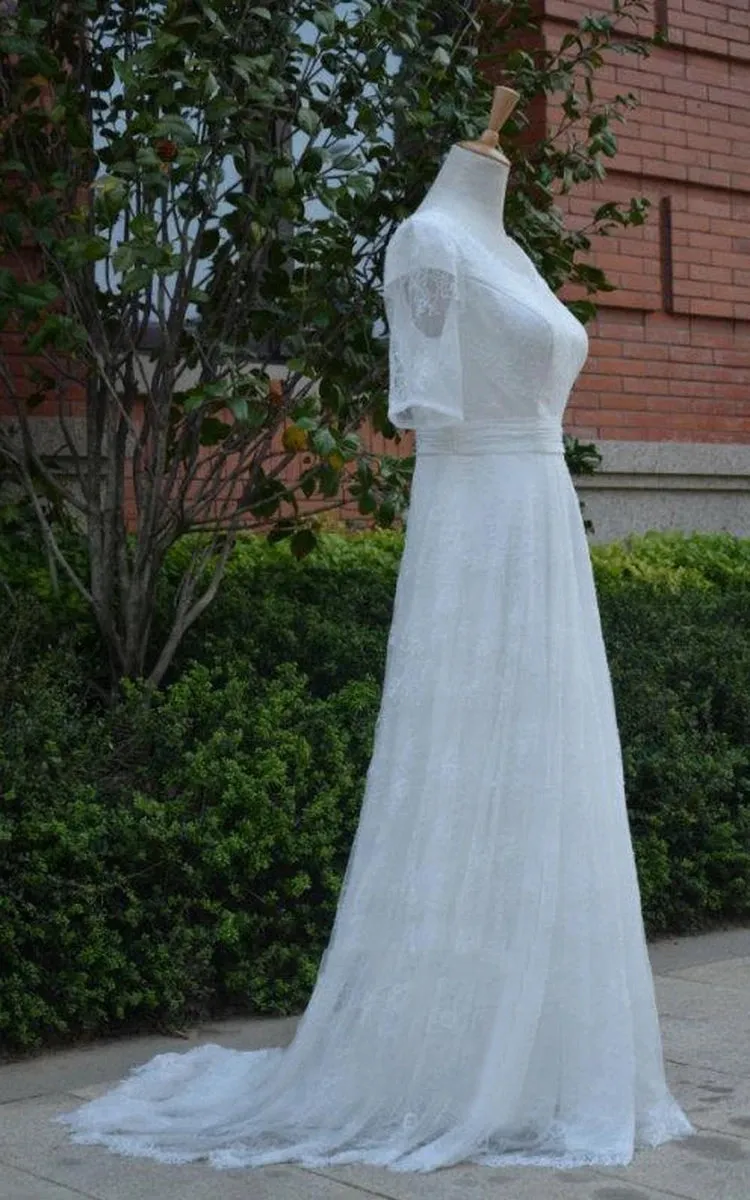Jewel Tulle Half Illusion Sleeve A-Line Lace Appliques Pleated Wedding Dress sold by KissProm product image thumbnail 3