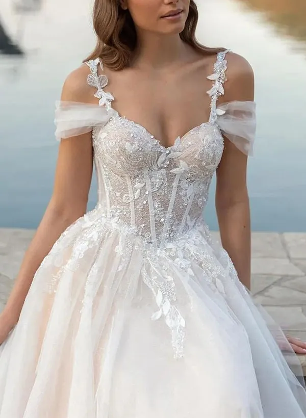 Elodika | A-Line Off-The-Shoulder Tulle Wedding Dresses With Appliques Lace sold by KissProm product image thumbnail 2