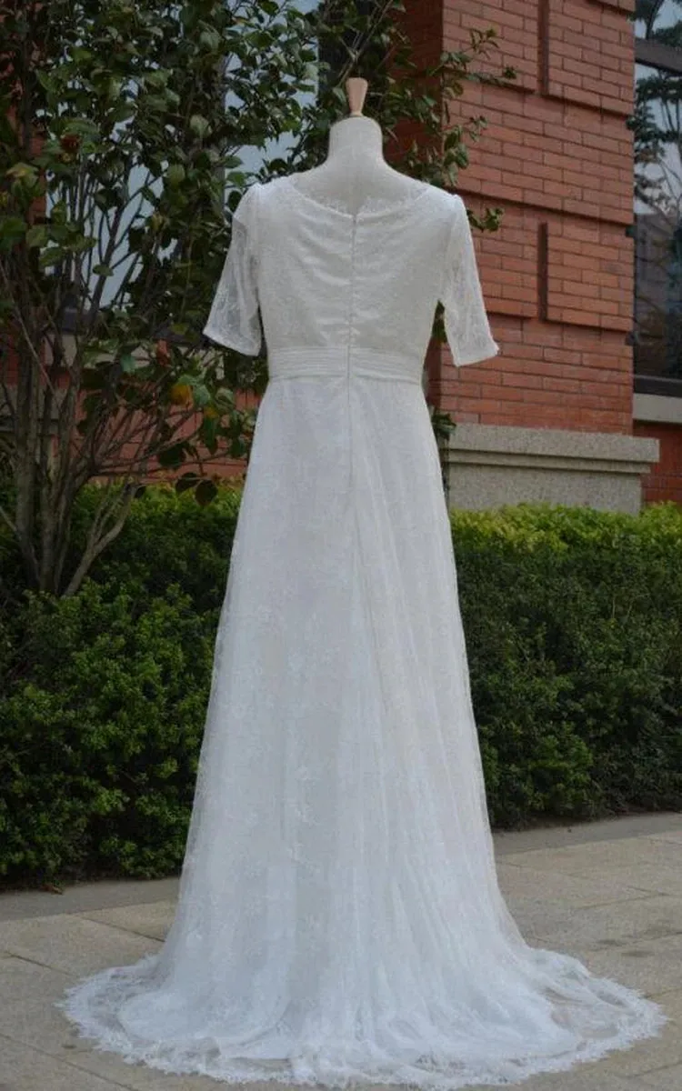 Jewel Tulle Half Illusion Sleeve A-Line Lace Appliques Pleated Wedding Dress sold by KissProm product image thumbnail 4