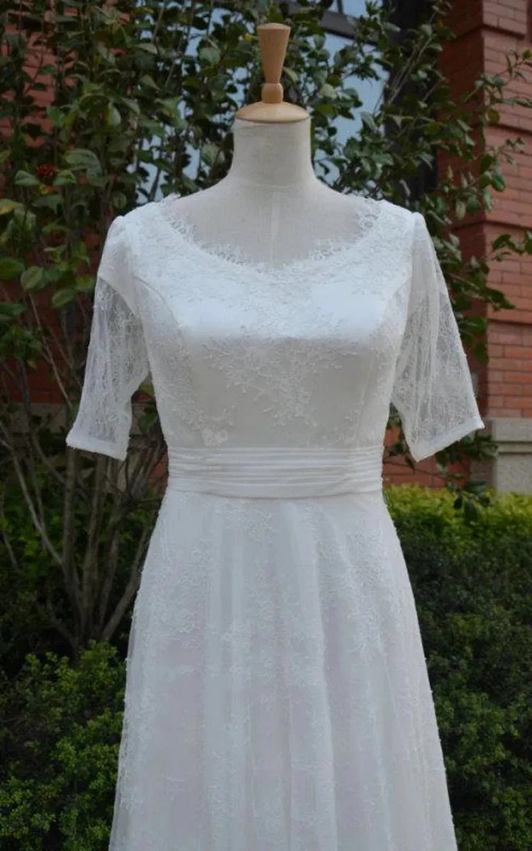 Jewel Tulle Half Illusion Sleeve A-Line Lace Appliques Pleated Wedding Dress sold by KissProm product image thumbnail 2