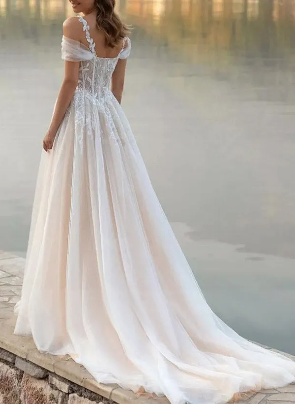 Elodika | A-Line Off-The-Shoulder Tulle Wedding Dresses With Appliques Lace sold by KissProm product image thumbnail 3