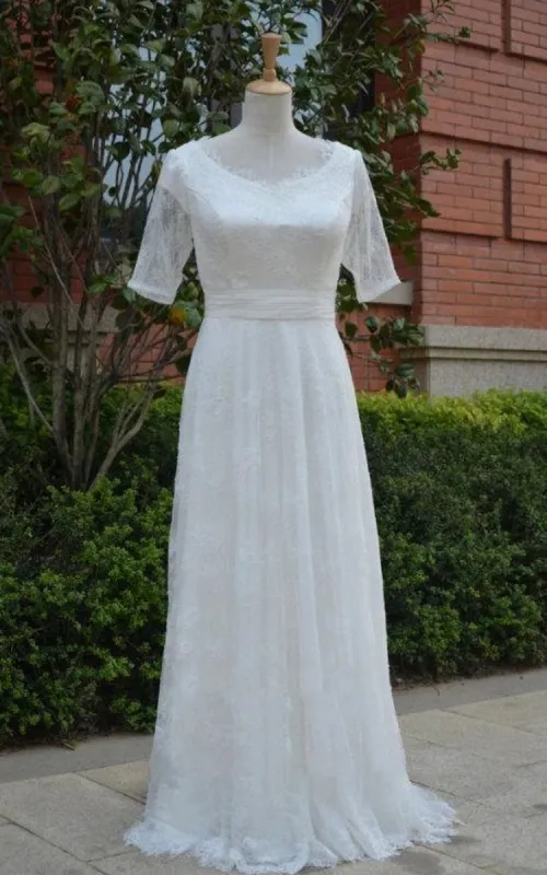 Jewel Tulle Half Illusion Sleeve A-Line Lace Appliques Pleated Wedding Dress sold by KissProm