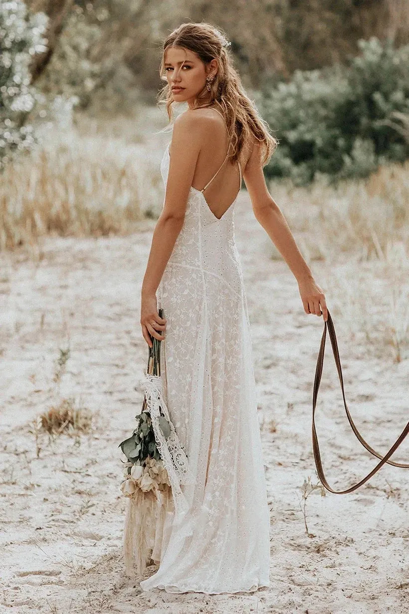 Iolanda | Lace Spaghetti V-neck Sheath Wedding Gown With Straps And Open Back sold by KissProm product image thumbnail 3