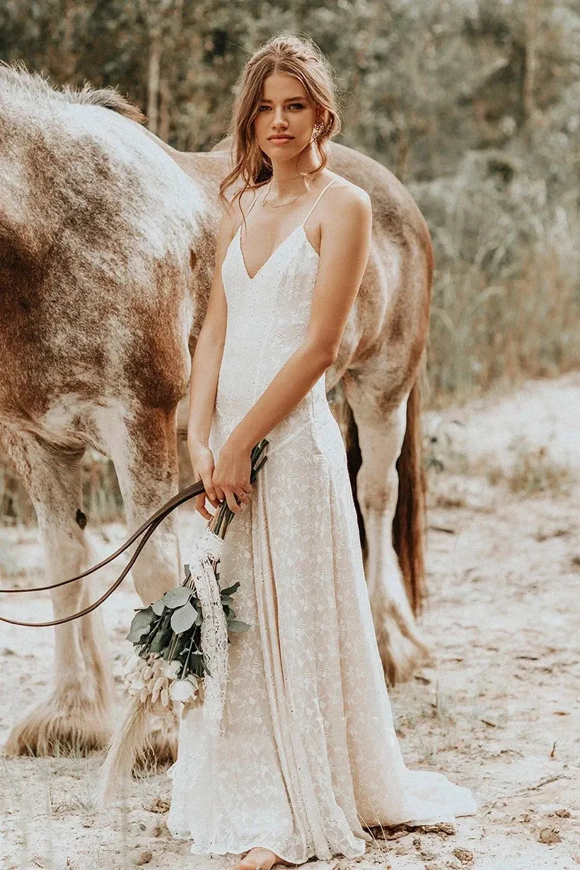 Iolanda | Lace Spaghetti V-neck Sheath Wedding Gown With Straps And Open Back sold by KissProm