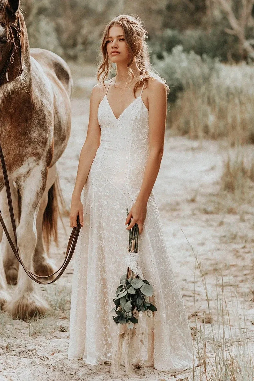 Iolanda | Lace Spaghetti V-neck Sheath Wedding Gown With Straps And Open Back sold by KissProm product image thumbnail 2