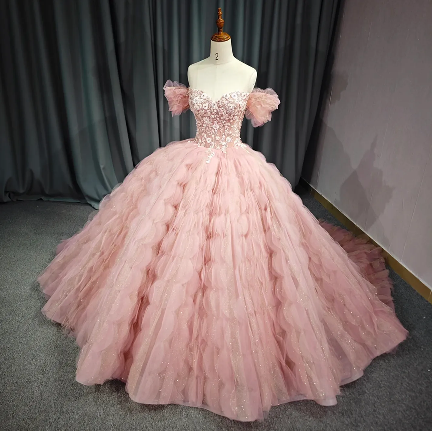 Tulle Tufted Pink Floral Quinceañera Ball Gown Dress sold by KissProm