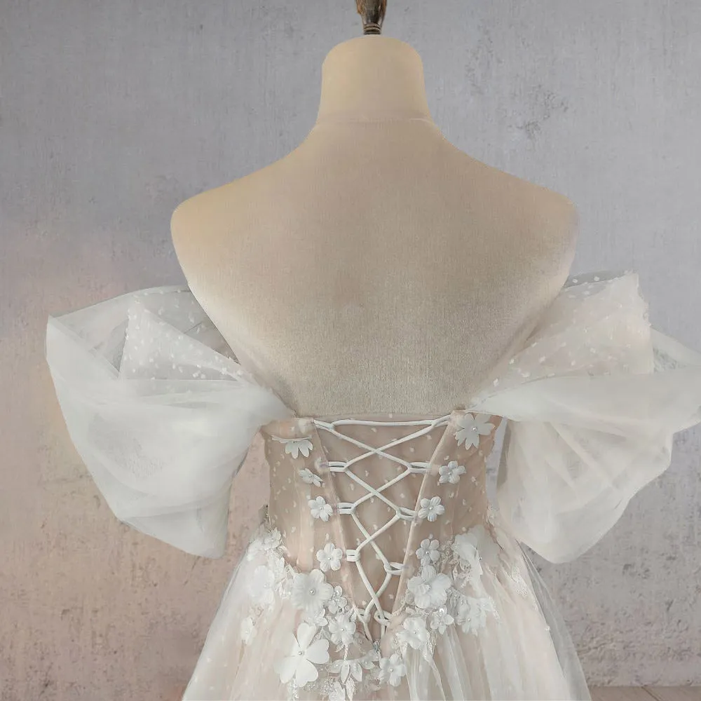 Hermonde | A-Line Floral Appliques Polka Dots Wedding Dress with Slit sold by KissProm product image thumbnail 5