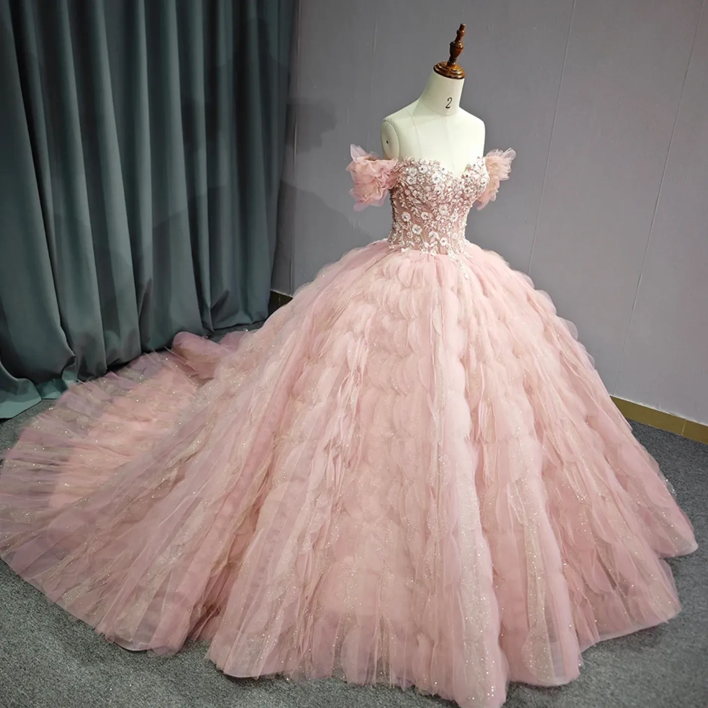 Tulle Tufted Pink Floral Quinceañera Ball Gown Dress sold by KissProm product image thumbnail 5