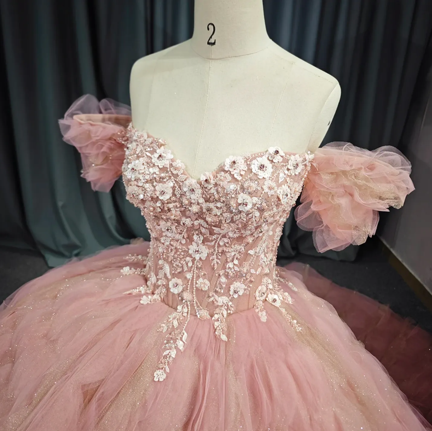 Tulle Tufted Pink Floral Quinceañera Ball Gown Dress sold by KissProm product image thumbnail 2