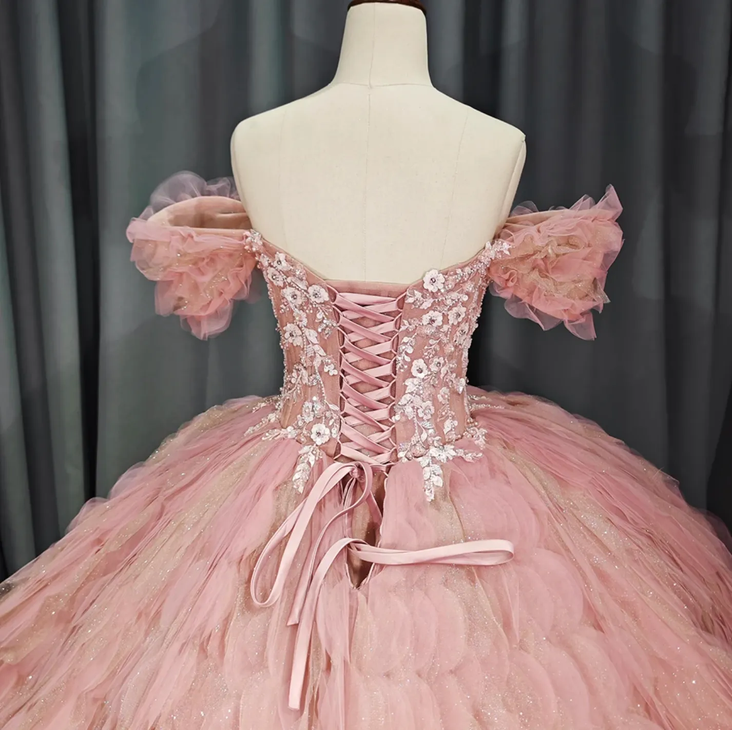 Tulle Tufted Pink Floral Quinceañera Ball Gown Dress sold by KissProm product image thumbnail 3