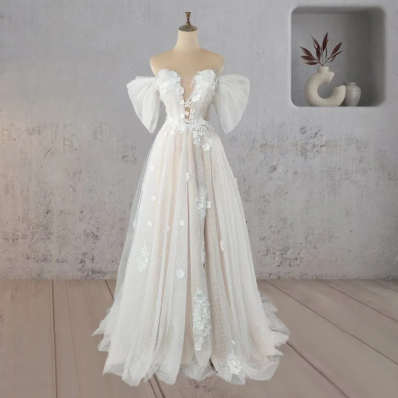A-Line Floral Appliques Polka Dots Wedding Dress with Slit sold by KissProm