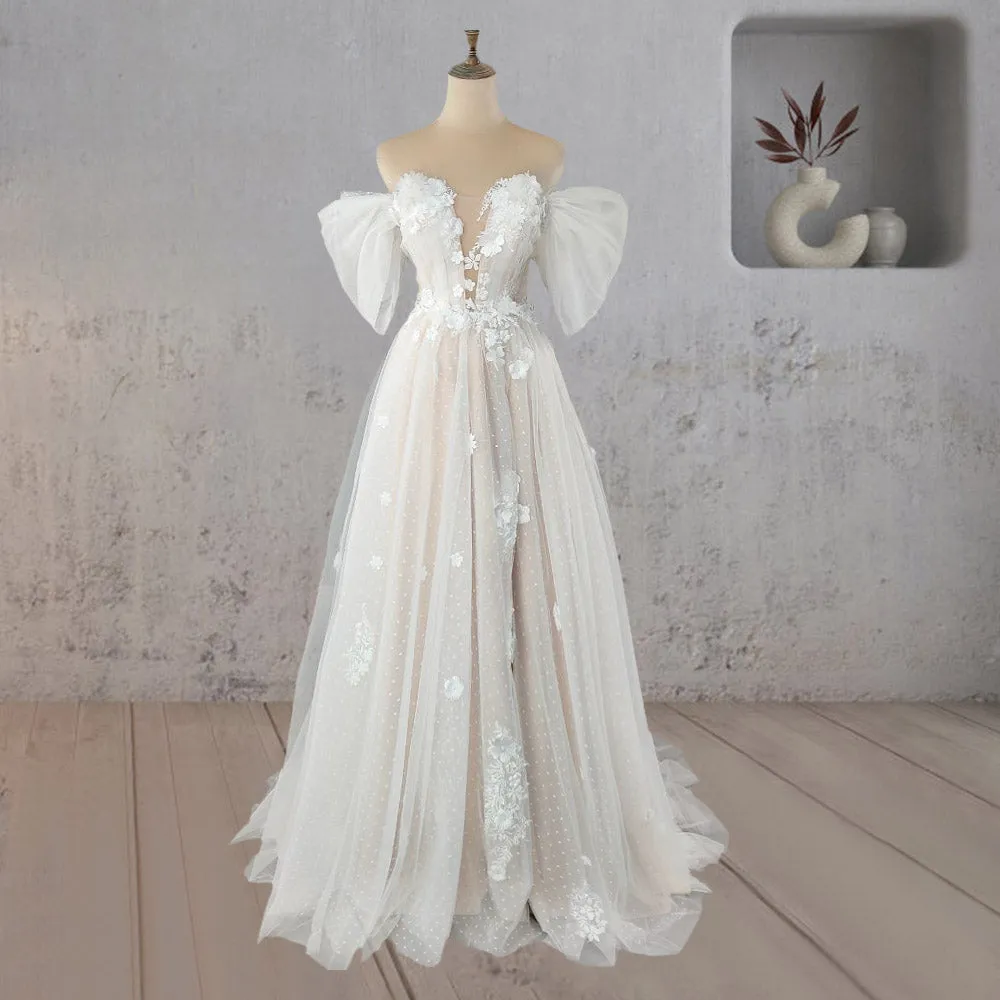 Hermonde | A-Line Floral Appliques Polka Dots Wedding Dress with Slit sold by KissProm