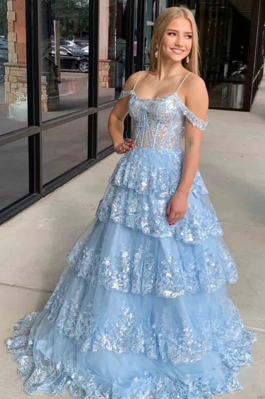 Maureen | Tulle Sequin Cold-Shoulder Ruffle Tiered Long Prom Dress sold by KissProm