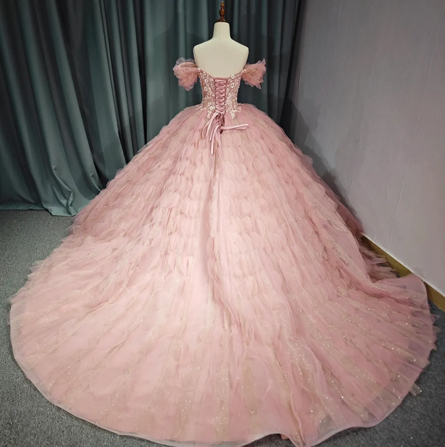 Tulle Tufted Pink Floral Quinceañera Ball Gown Dress sold by KissProm product image thumbnail 4