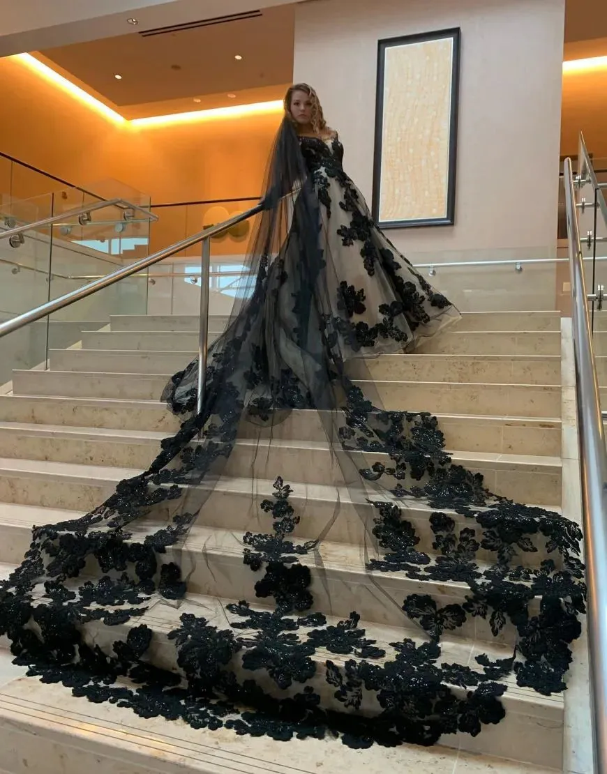 A-Line V-Neck Open Back Court Train Black Wedding Dress With Veil sold by KissProm product image thumbnail 4