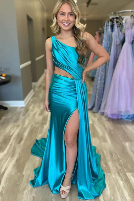 Shannon | Charming Mermaid One Shoulder Satin Prom Dresses with Slit sold by KissProm