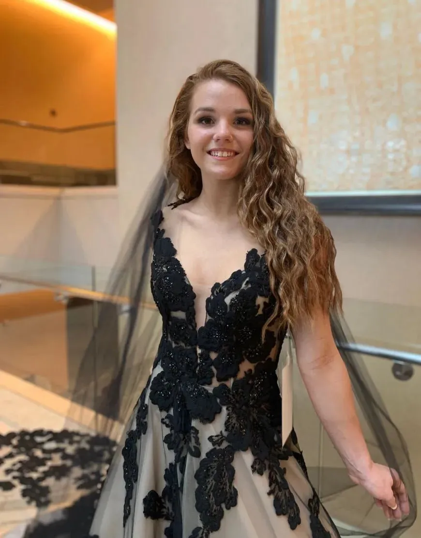 A-Line V-Neck Open Back Court Train Black Wedding Dress With Veil sold by KissProm product image thumbnail 2