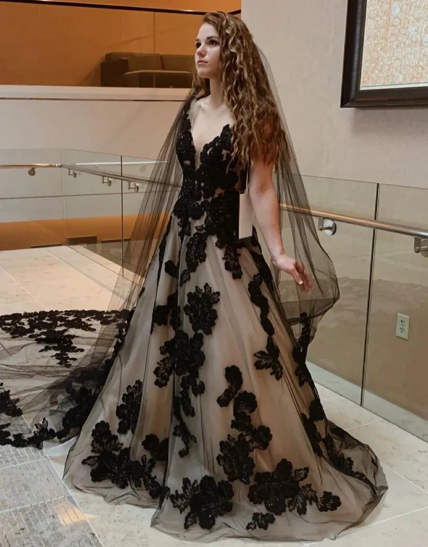 A-Line V-Neck Open Back Court Train Black Wedding Dress With Veil sold by KissProm